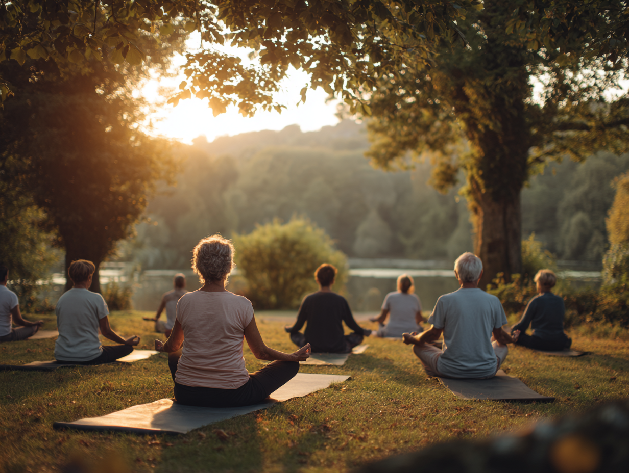 Люди різного віку практикують йогу в спокійному природному середовищі